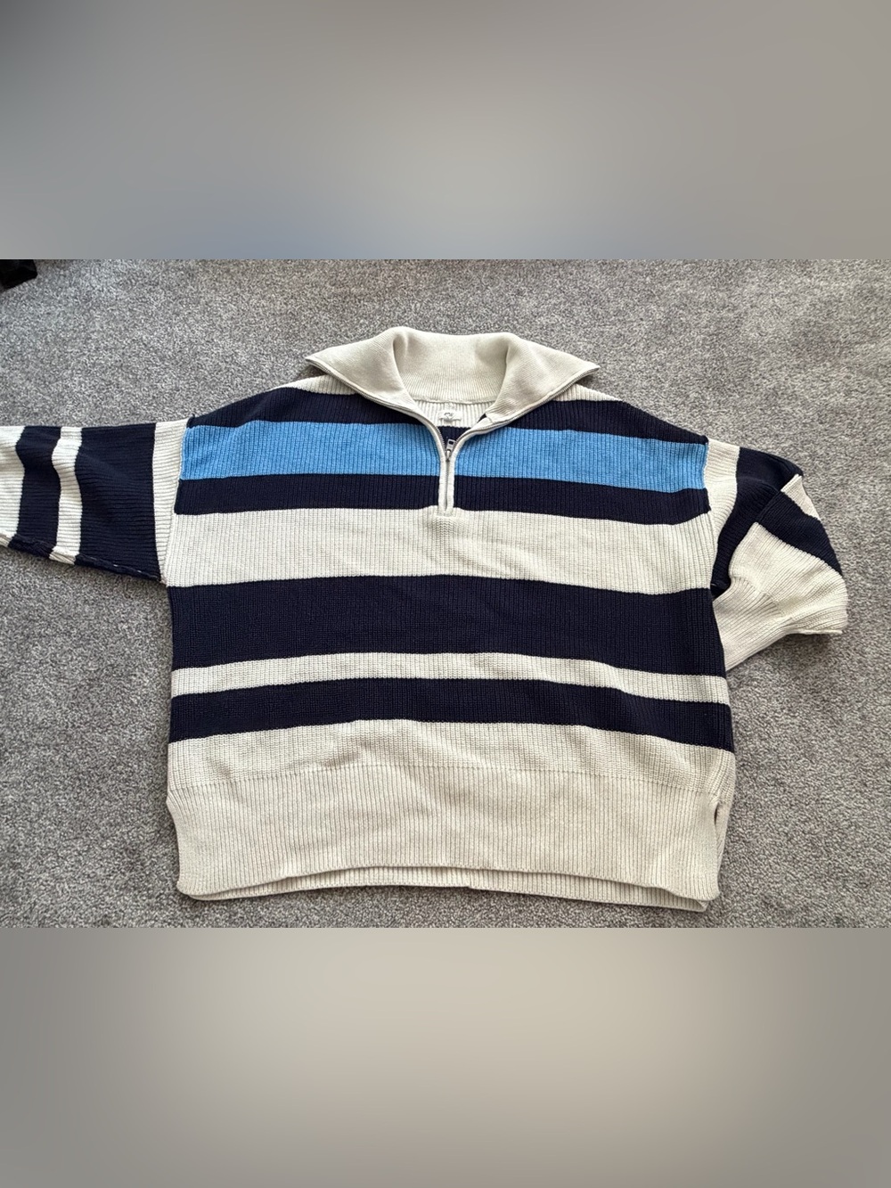 aerie Men's Quarter-Zip Striped Sweater in Cream, Navy & Blue